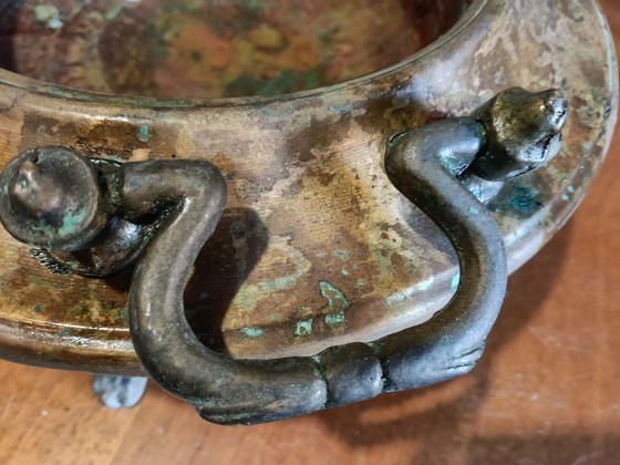 Image 1 of Antieke koperen en messing tafelbrander uit het einde van de 19e eeuw.