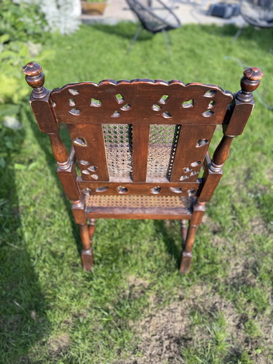 Antique English Carolean Armchair C.1900 – Carved Oak – Cherubs – Cane – Rattan, Wood (photo 6 of 9)