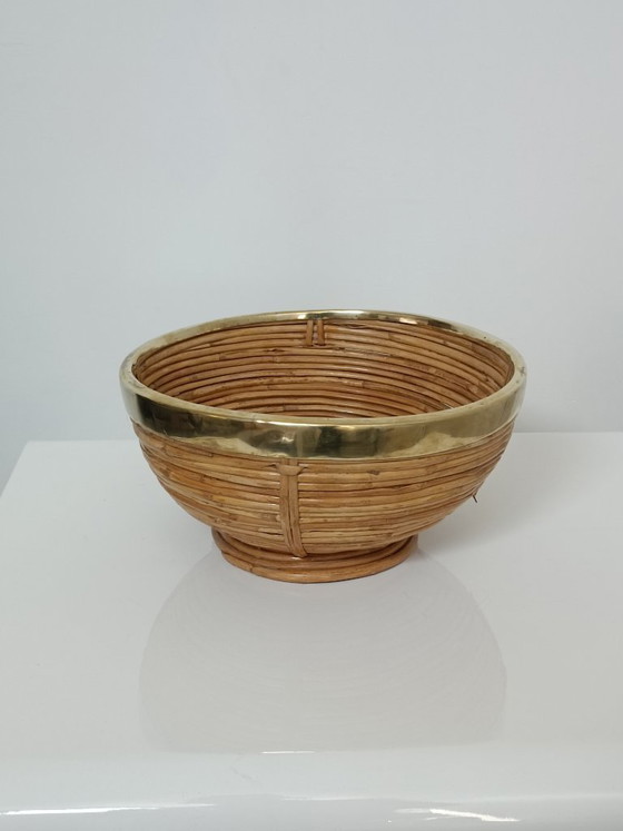 Image 1 of Corbeilles a fruits rotin laiton 1970s