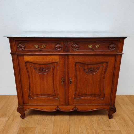 Commode ancienne de salle de bain avec plateau en marbre