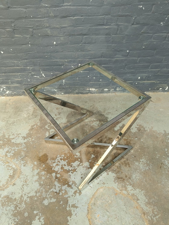 Tavolo quadrato danese dal design postmoderno in cromo e vetro, nello stile di Gebra. – Tavolini, Glass (photo 4 of 15)
