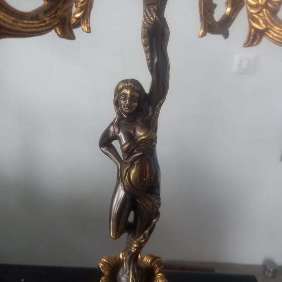 Image 1 of Paire Splendide Bougeoir Candelabre Bronze Doré  Femme Nue