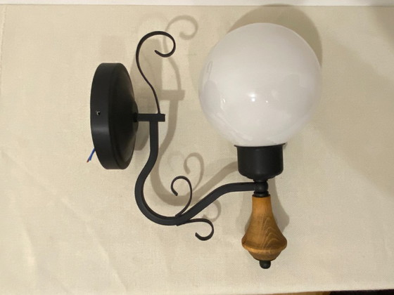 Vintage Opal Glass Globe Wall Lamp with Wood Detail, 1970s, Wall lights, Metal, Black (photo 10 of 16)