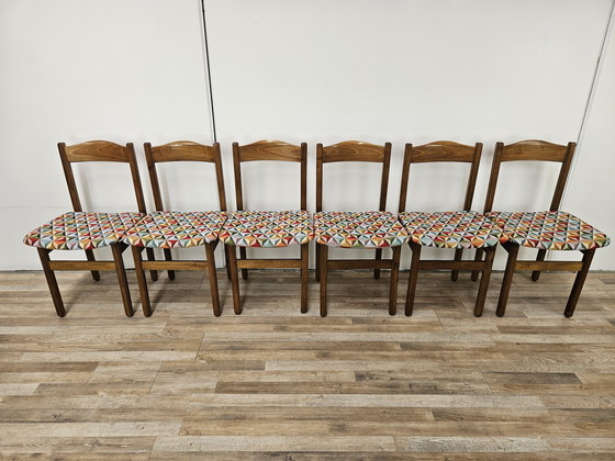 Image 1 of Beuken eetkamerstoelen met geometrische zitting uit 1950