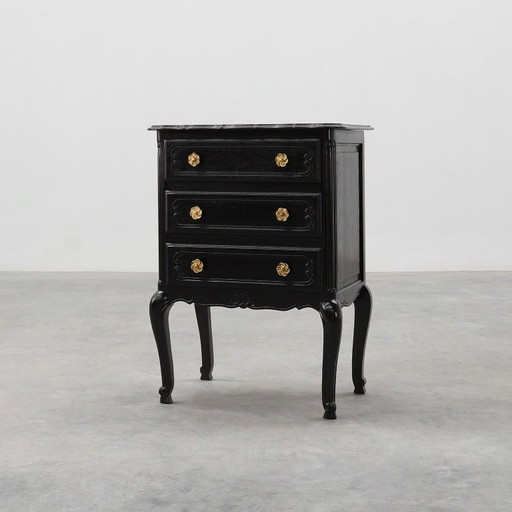 Louis XV Style Chest of Drawers in Black Lacquered Oak, France, 1950s