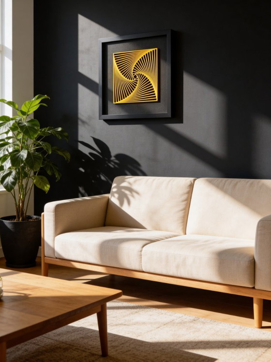 Image 1 of 3D-geprinte gele spiraalvormige wanddecoratie – geometrisch ingelijst kunstwerk, PLA-sculptuur