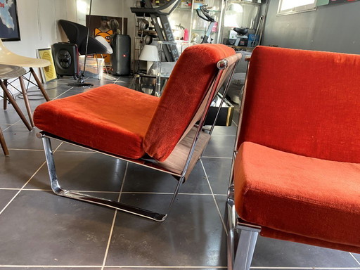 Paire de fauteuil siege chrome velours orange rouge terra cotta vintage 1970