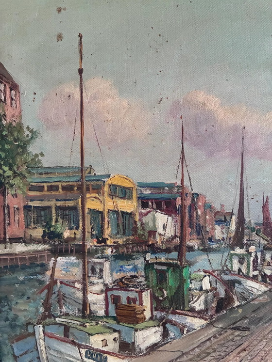 Image 1 of Pintura al óleo original de época que representa un puerto escandinavo.