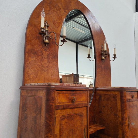 Image 1 of Coiffeuse Art Déco vintage, meuble de chambre, table de maquillage, plateau en marbre