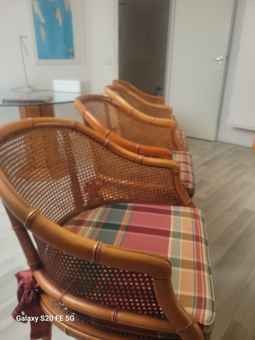 4 Faux Bamboo Giorgetti stoelen en eettafel – eetkamerstoelen, Glass, Textile