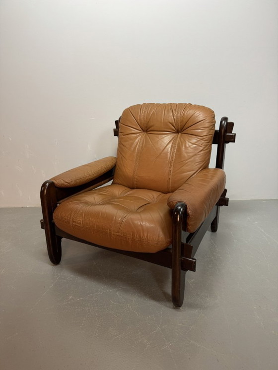 Image 1 of Mid-Century Brazilian Design Jean Gillon 'Rodeio' Lounge Chair in Cognac Leather Upholstery with Jacarandá Wooden Frame.