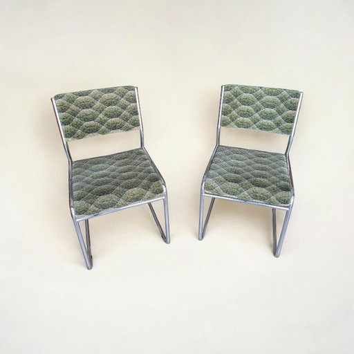 2x Vintage Chrome Chairs 70s | Retro Design | Fabric Upholstery Green | Mid - Century Chairs | Space Age Chair Set