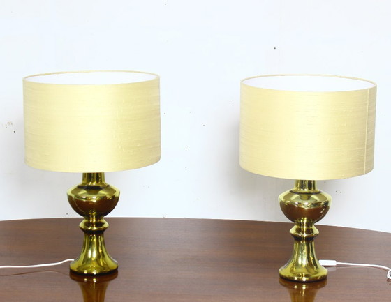 Image 1 of Set of two luxury Uno & Osten gold table lamps with silk shades, Sweden 1970