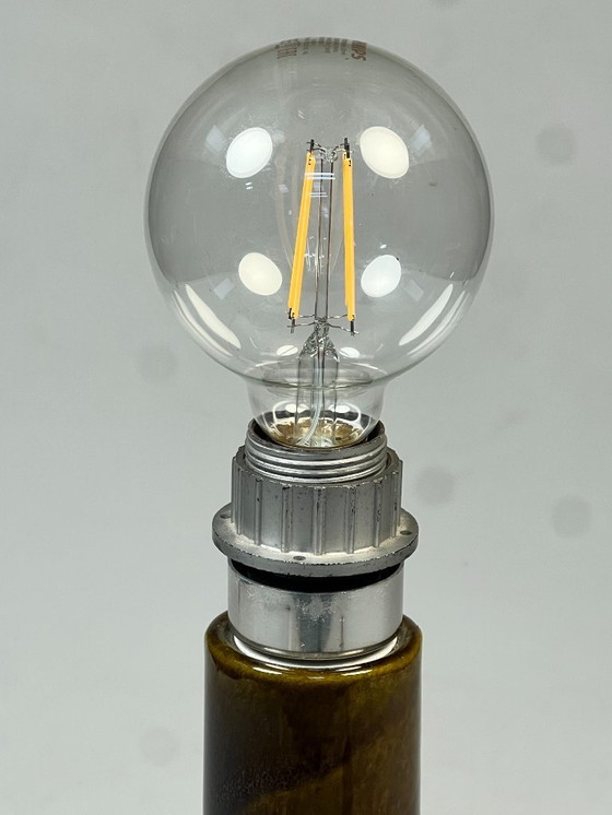 Image 1 of Vintage Earthenware Table Lamp, Green/Brown Ceramic with Wool Shade, Germany 1970s