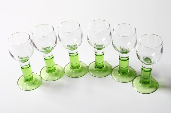 Image 1 of Set of 6 Vintage Limoncino Liqueur Glasses / Green Stem Shot Glasses Bormioli / Italy / 1970s