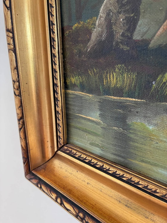 Image 1 of Peinture à l'huile originale vintage représentant un paysage de rivière, signée River Art