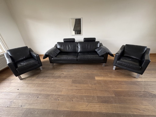 Leolux 2-Sitzer-Sofa Leder schwarz, Set mit 2 Sesseln – banken, Leather, Metal