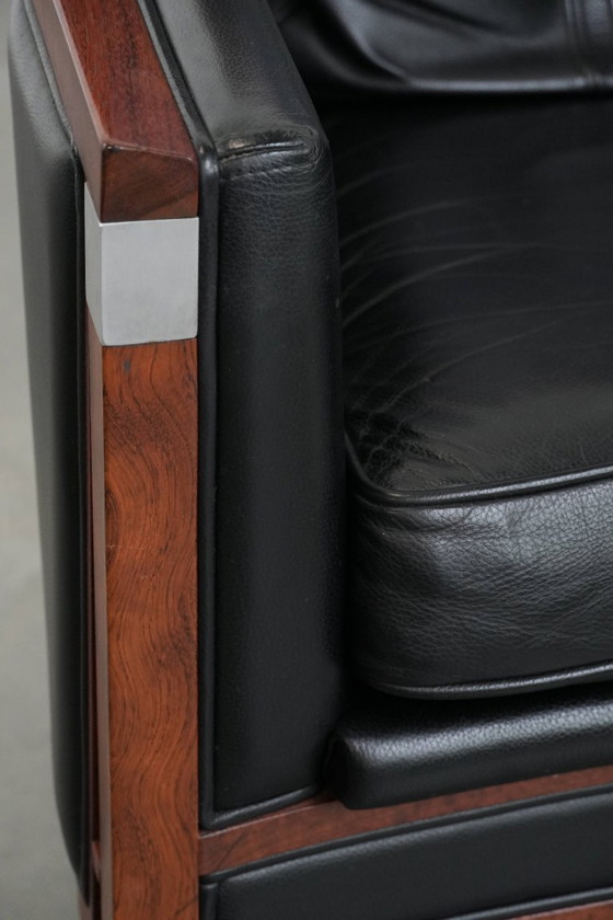 Image 1 of 2 x Black cowhide Art Deco design armchairs with high backs by Schuitema