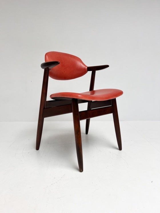 Image 1 of Roodkleurige lederen cowhorn chair, 1970's