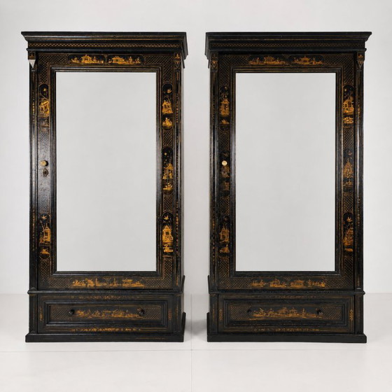 Image 1 of A pair of 19th-century Chinoiserie-style linen cupboards/wardrobes.