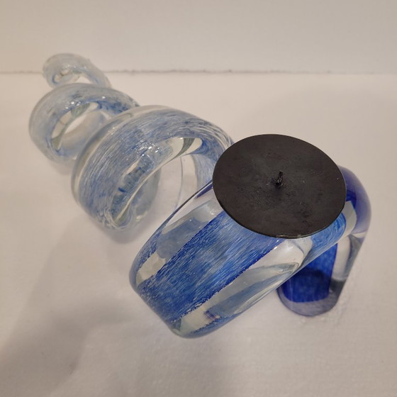 Image 1 of Pair of blue spiral candlesticks, glass, 80's - France