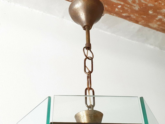 Image 1 of Vintage hanglamp uit de jaren 50 van glas en messing in rockabilly-stijl