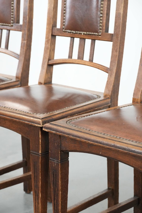 Image 1 of 4 x Antique Oak Dining Chairs in Art Nouveau Style with Cognac-Colored Cowhide Leather