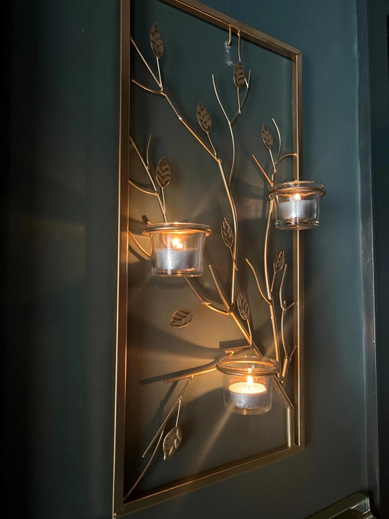 Gold Painted Metal Lantern Grid with Leafy Vines, Rectangular Balcony Decor – Candle holders, Glass (photo 5 of 9)