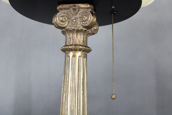 Image 1 of 1940s Restored Brass Table Lamp with Wooden Base and Glass Shade