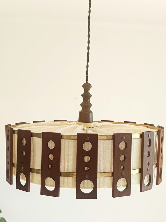 Lampada a Sospensione Scandinava in Teak e Tessuto Circa 1960 – Lampade a sospensione, Wood (photo 4 of 10)