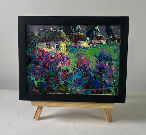 Original Oil Painting Night Village Landscape The first lilac over the field