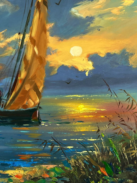 Image 1 of Dipinto ad olio originale: Paesaggio marino, cielo e barca a vela al tramonto
