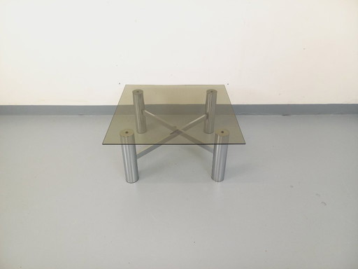 Vintage Italian square Space Age coffee table in smoked glass and chrome metal from the 1970s