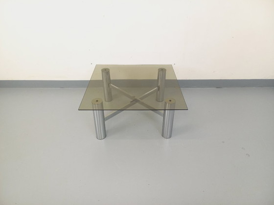 Image 1 of Vintage Italian square Space Age coffee table in smoked glass and chrome metal from the 1970s