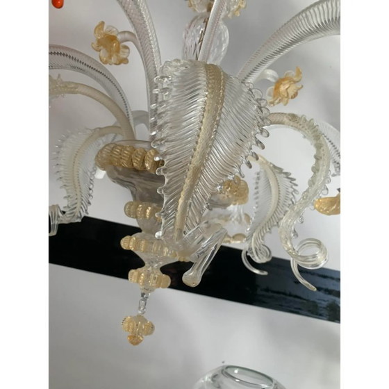 Image 1 of Lampadario in vetro di Murano in stile veneziano trasparente e oro con fiori e foglie