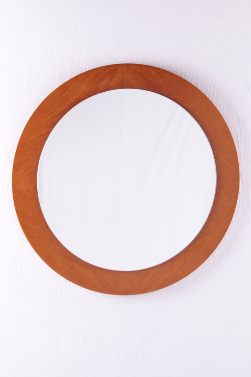 Vintage Large Round Light Wood Wall Mirror, 1960s