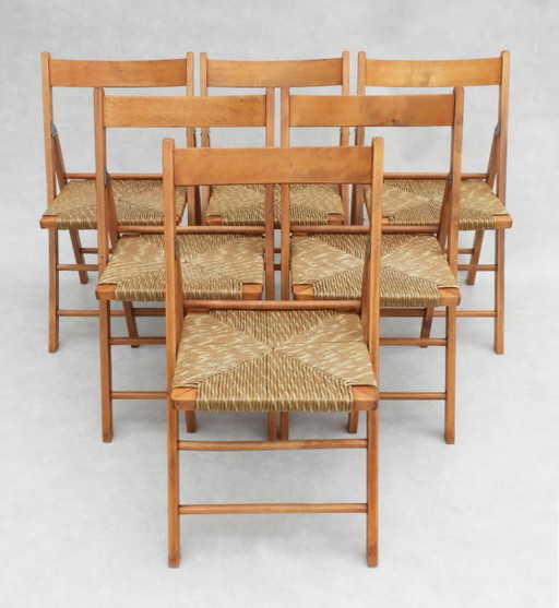 Vintage French Beech Folding Chairs, 1970s, Set of 6