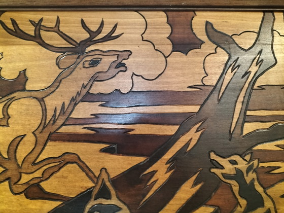 Image 1 of Tableau mural vintage en bois style milieu du siècle par Michelli – Grand panneau représentant une scène de chasse