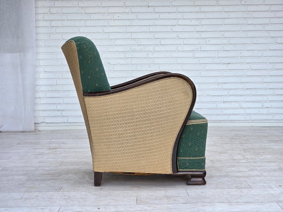 Image 1 of Deense fauteuil uit de jaren 60, bekleed met groene en beige meubelwol.