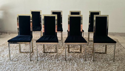 Set aus 8 Esszimmerstühlen aus Messing, Chrom und schwarzem Samt, Maison Roméo, um 1970 – eetkamerstoelen (photo 2 of 14)