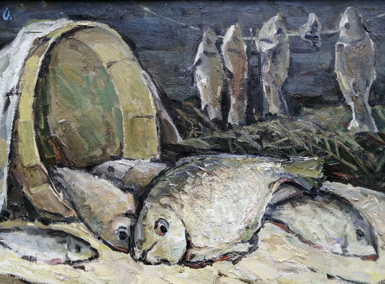 Dipinto a olio originale Natura morta Pesce sul tavolo – Dipinti e disegni, Tela (photo 4 of 11)