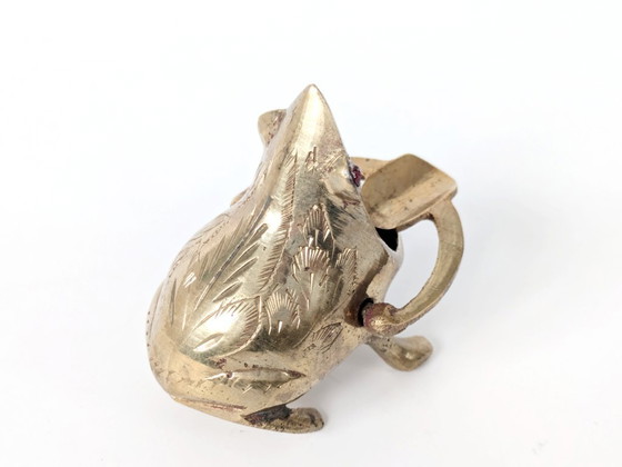 Image 1 of Midentury Vintage Brass Frog Figurine Trinket, Sculptural Quirky with Ruby Red Crystal Eyes