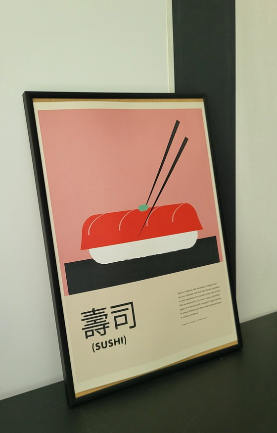 Image 1 of Estampe japonaise originale représentant des sushis, symbole de l'excellence de la cuisine japonaise.