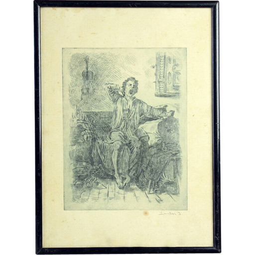 Vintage wall decoration of a boy waking up from his black wooden frame bed, Czechoslovakia