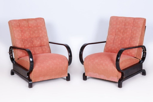 Two Restored Art Deco Reclining Armchairs, By Halabala, UP Závody, Czech. 1920s – fauteuils, Metal, Textile