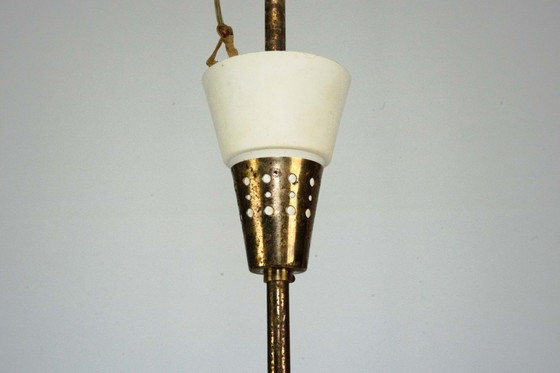 Image 1 of Large Italian Mid-Century Sputnik Brass Chandelier with Satin Glass, 1950s