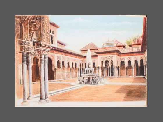 Image 1 of Drawing of the Alhambra. Court of the Lions. Alhambra painting. Painting of the Court of the Lions. New.