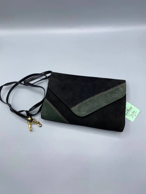 Pierre Chupin Black & Olive Green Velvety Goatskin Clutch, Made in France, 1980s – decoratieve objecten, Leather