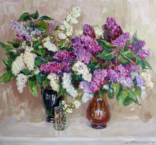 Origineel olieverfschilderij Stilleven Lentebloemen Sering