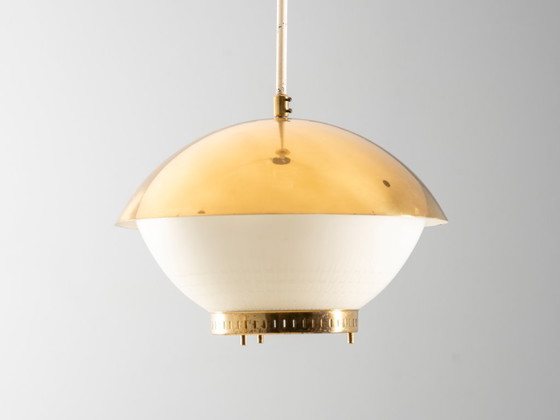 Image 1 of Large Brass Pendant with Engraved Opaline Glass